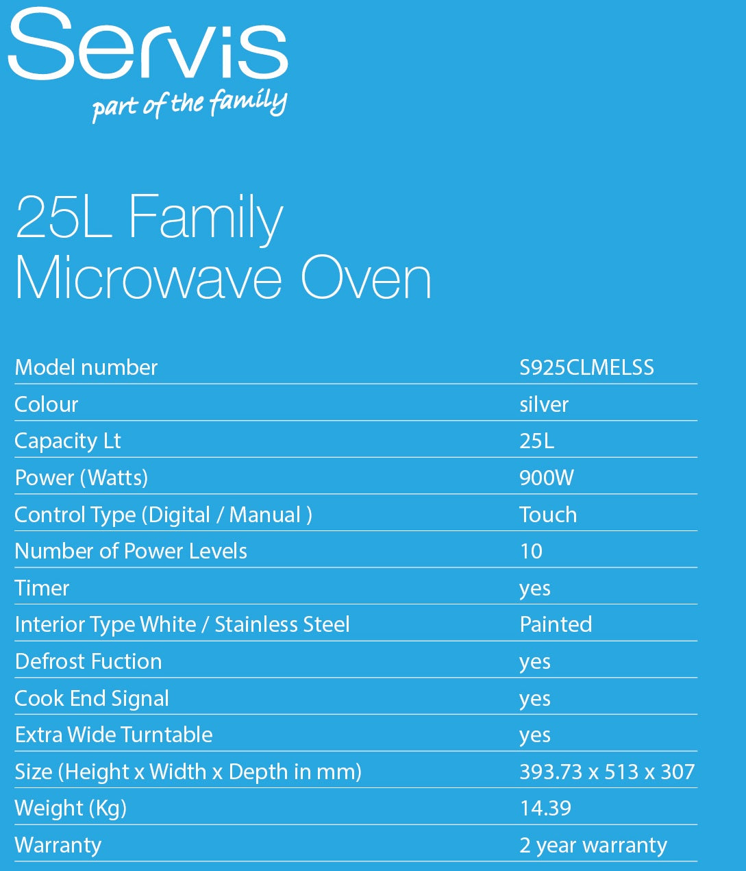 S925CLMELSS 25Ltr 900w Family Size Microwave Digital Control - Image 3